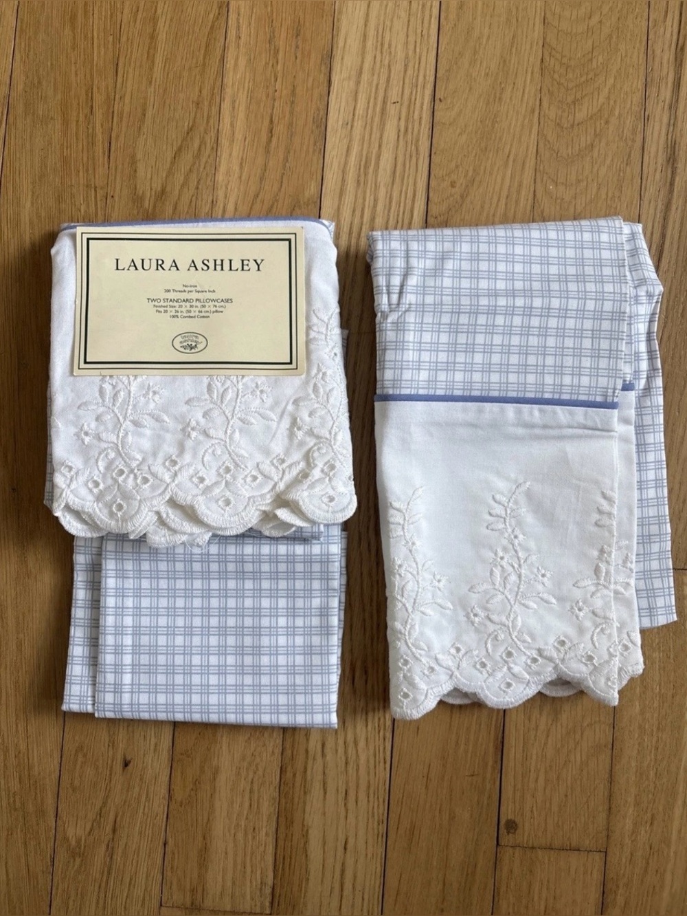 Vintage Laura Ashley Sophia pillowcases blue white gingham lace NWOT